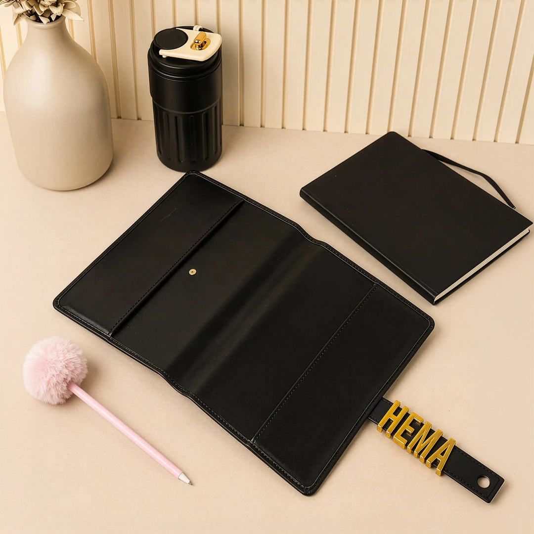 The Letter Diary – Personalised A5 Diary with Gold Metal Letters, Refillable Vegan Leather Cover | Black &amp; Beige
