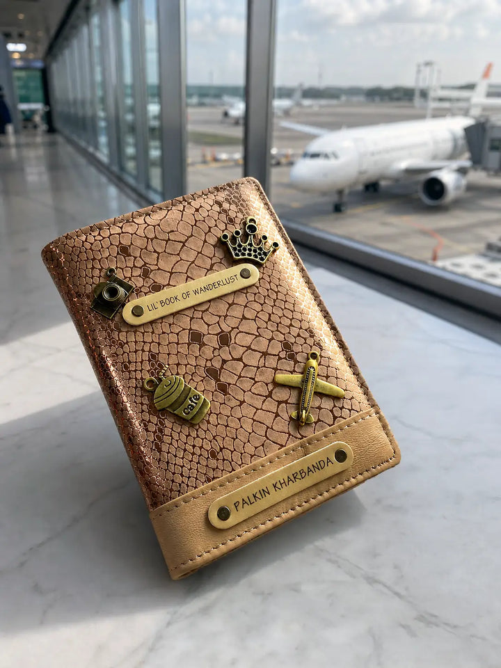 Brown textured passport holder with airplane and crown designs in an airport setting