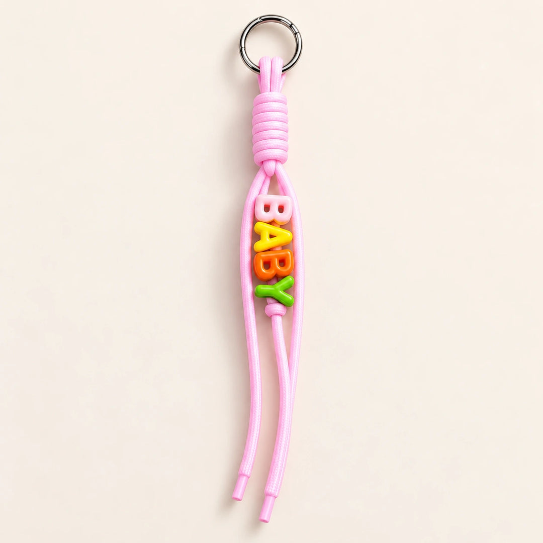 Baby Pink Colour Pop personalised rope keychain with colourful alphabet name beads and a metal ring