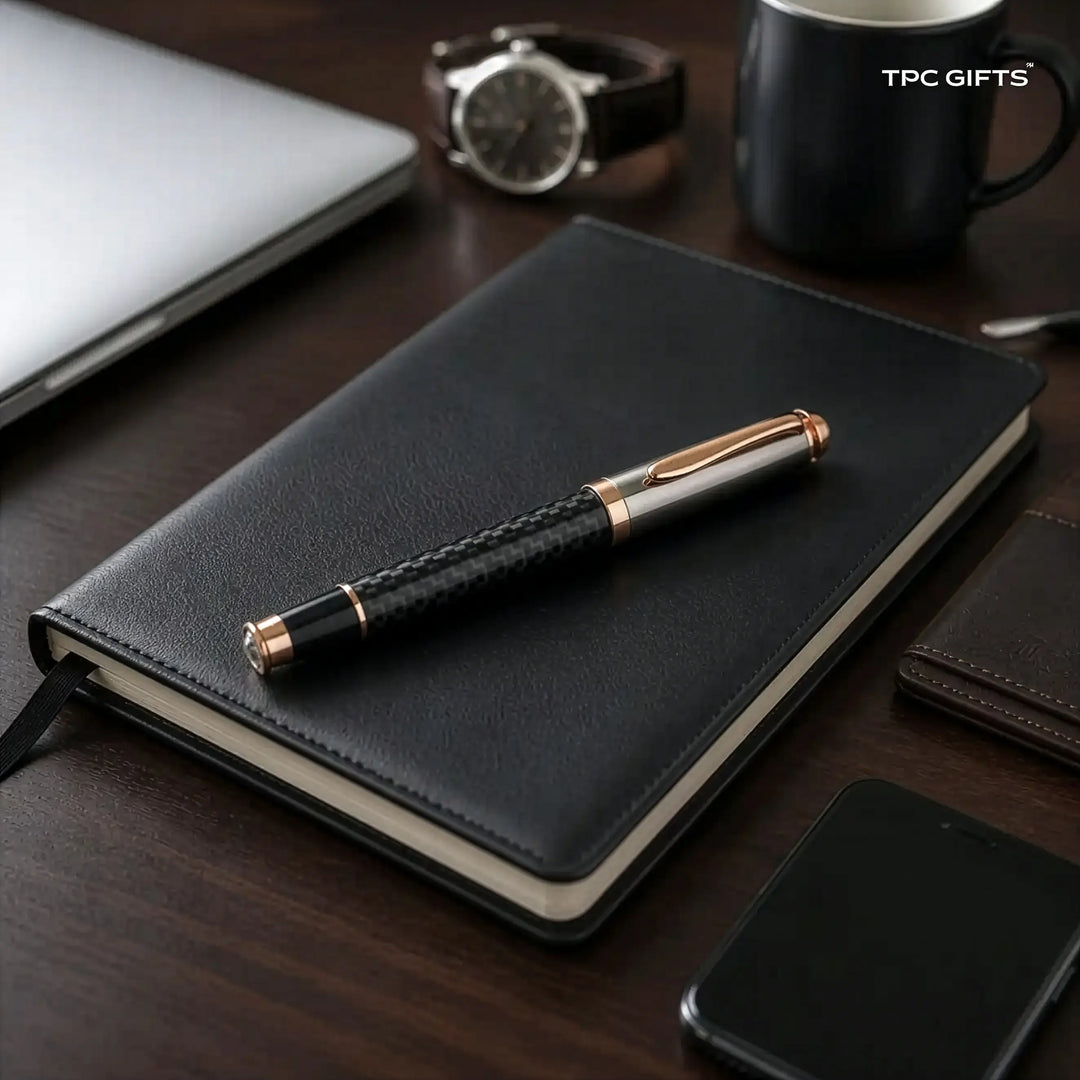 The Carbon Pen – Carbon Fibre Finish Metal Roller Ball Pen with Rose Gold Trim