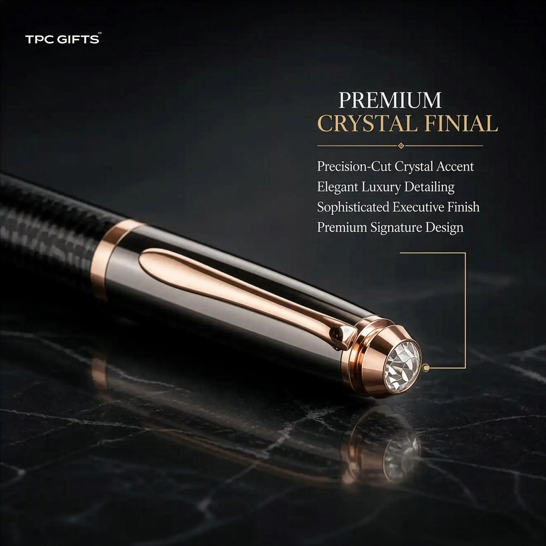 The Carbon Pen – Carbon Fibre Finish Metal Roller Ball Pen with Rose Gold Trim