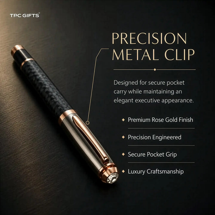 The Carbon Pen – Carbon Fibre Finish Metal Roller Ball Pen with Rose Gold Trim