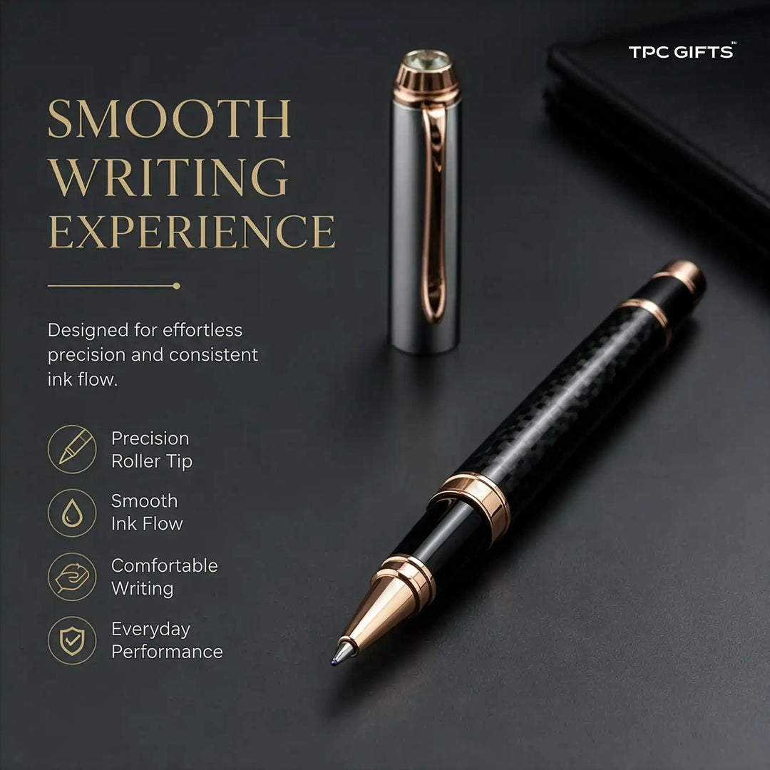 The Carbon Pen – Carbon Fibre Finish Metal Roller Ball Pen with Rose Gold Trim