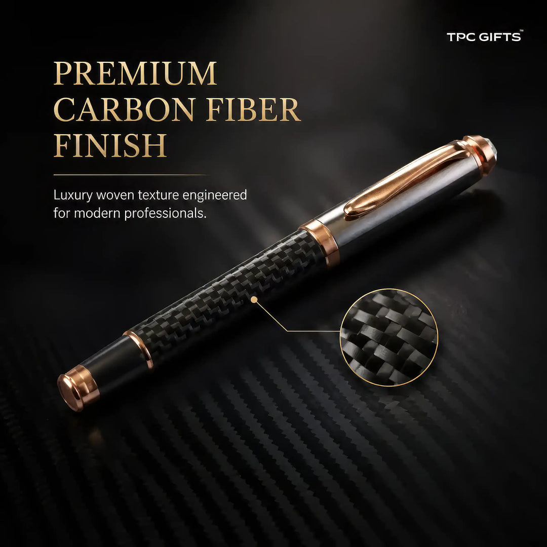 The Carbon Pen – Carbon Fibre Finish Metal Roller Ball Pen with Rose Gold Trim