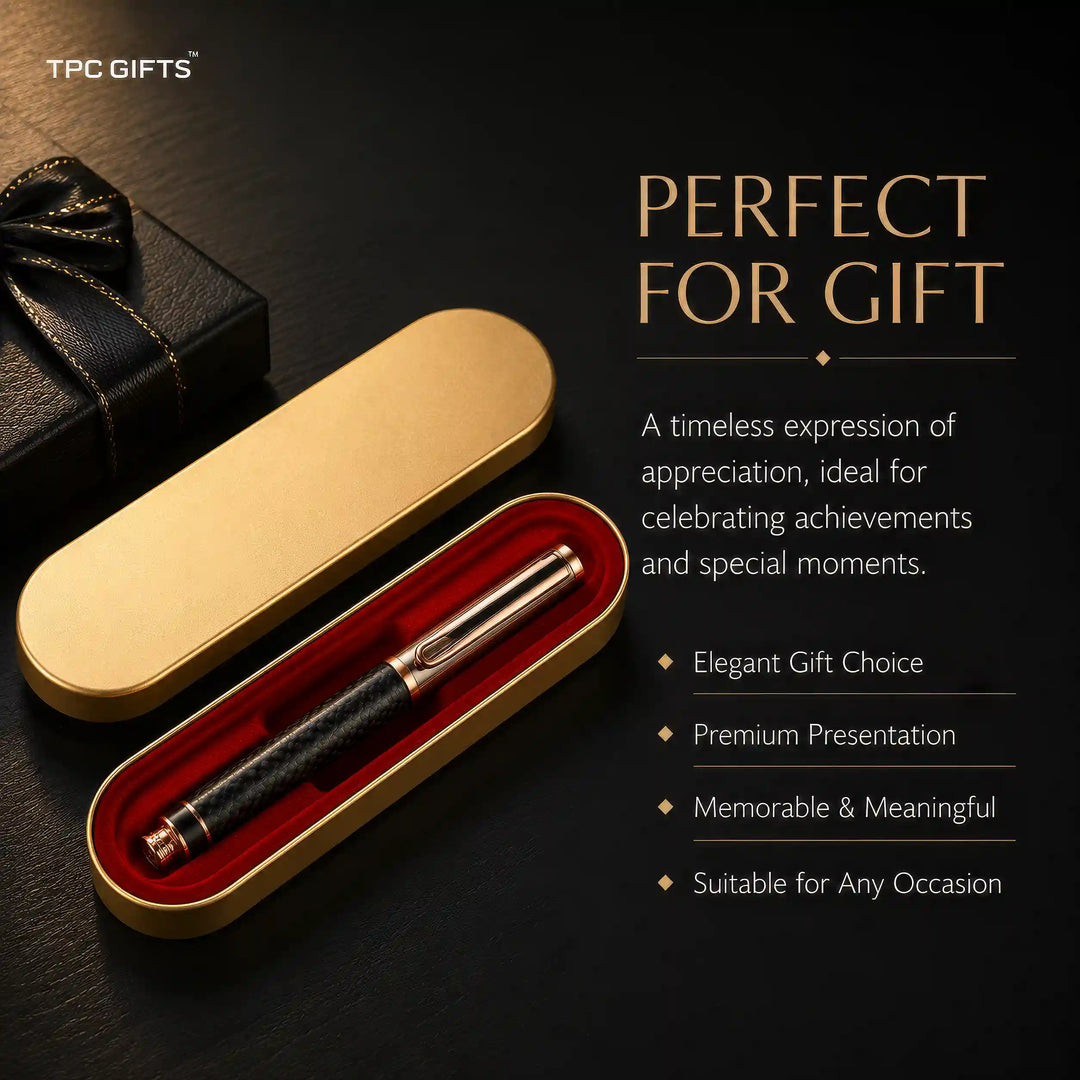 The Carbon Pen – Carbon Fibre Finish Metal Roller Ball Pen with Rose Gold Trim