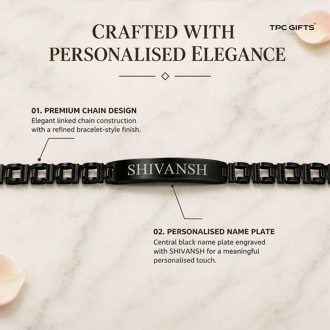 Personalised Rakhi for Brother – Black Chain Bracelet with Engraved Name Plate
