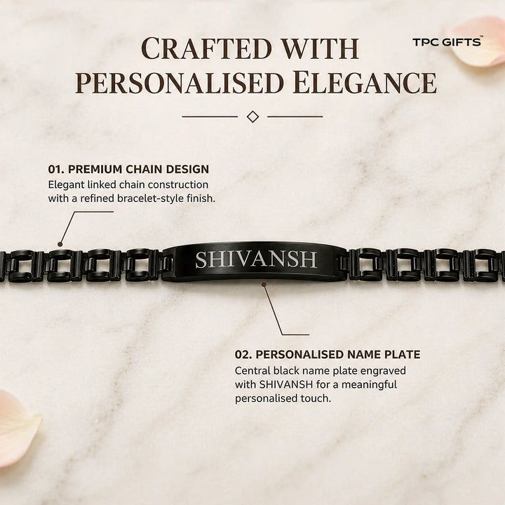 Personalised Rakhi for Brother – Black Chain Bracelet with Engraved Name Plate