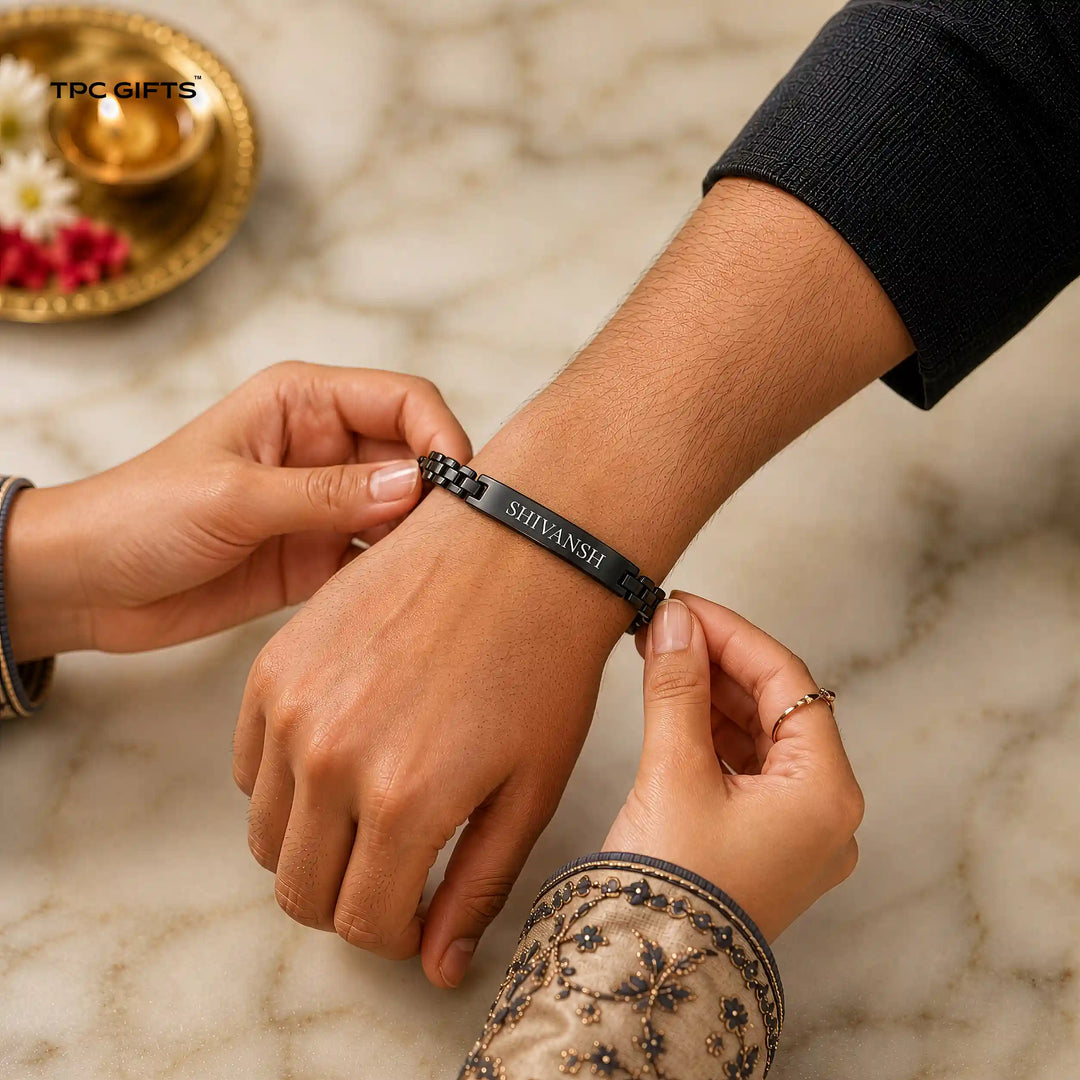 Personalised Rakhi for Brother – Black Chain Bracelet with Engraved Name Plate