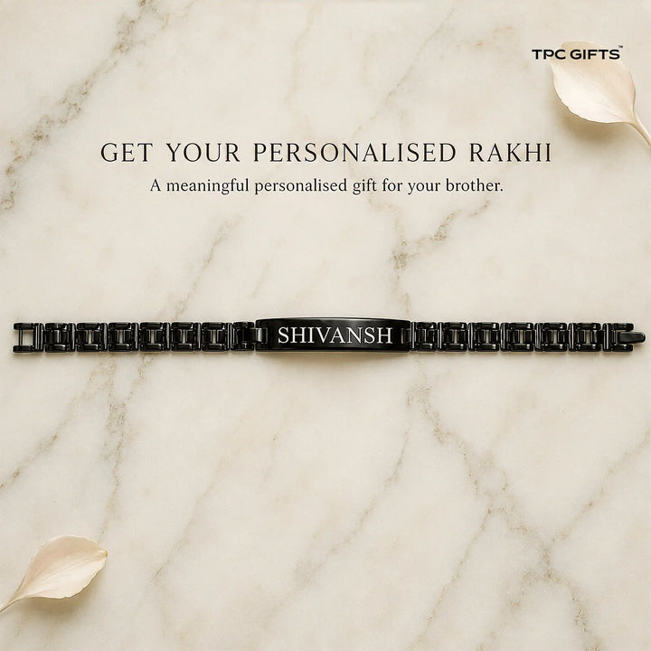Personalised Rakhi for Brother – Black Chain Bracelet with Engraved Name Plate