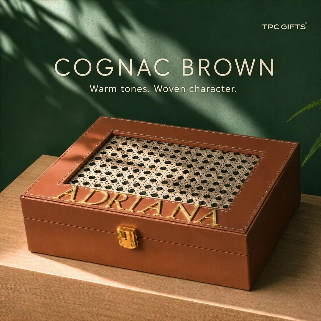 Personalised Cane Trunk Box | Natural Cane Lid, Name in Gold, 10 x 7 x 3 in