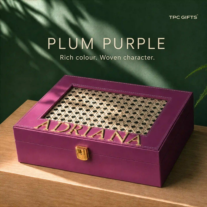 Personalised Cane Trunk Box | Natural Cane Lid, Name in Gold, 10 x 7 x 3 in