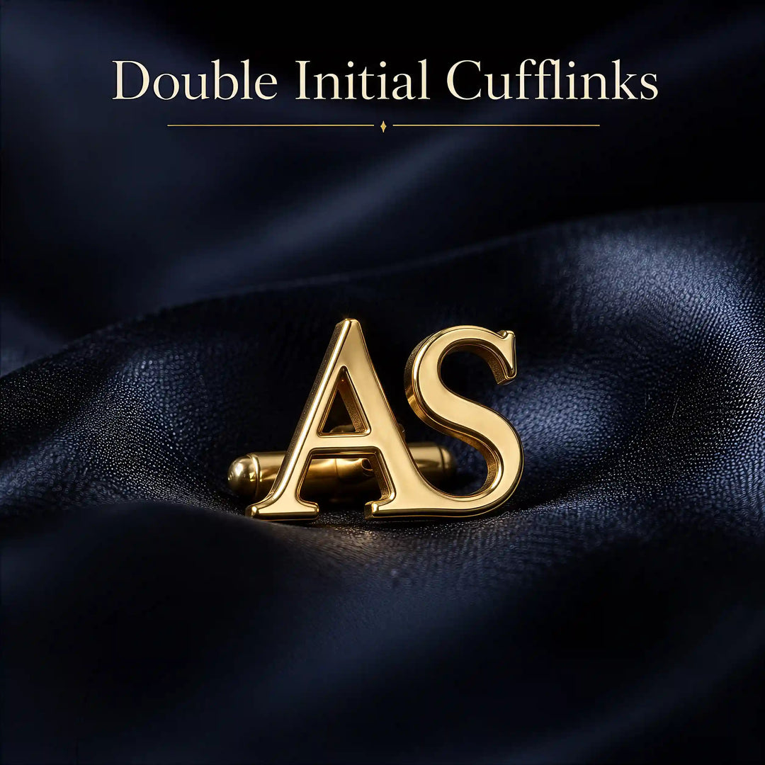 A polished gold double initial cufflink featuring the letters &