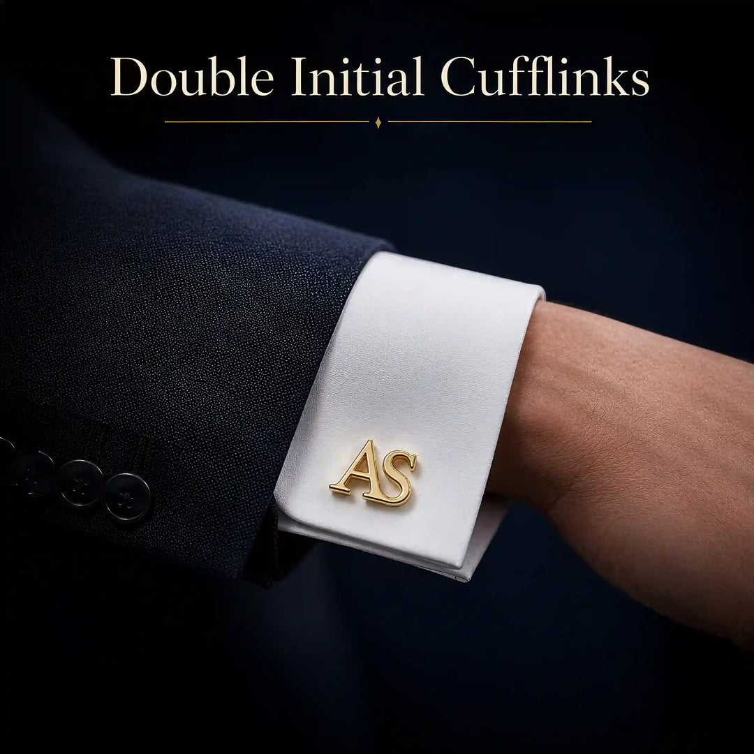 A close-up of a white dress shirt cuff with a gold double initial cufflink engraved with the letters &