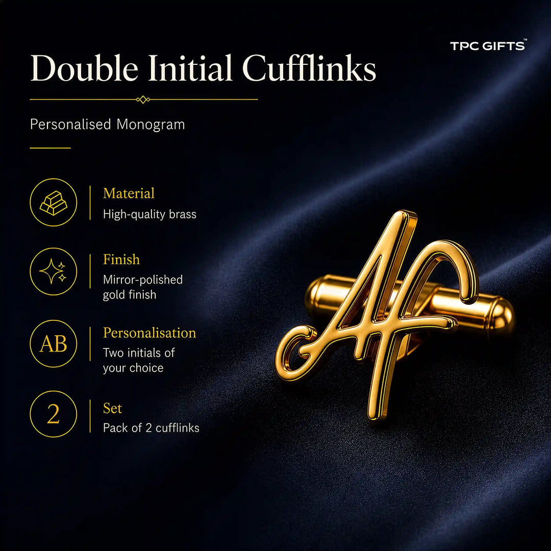 Two polished gold double initial cufflinks featuring personalized monogram initials &
