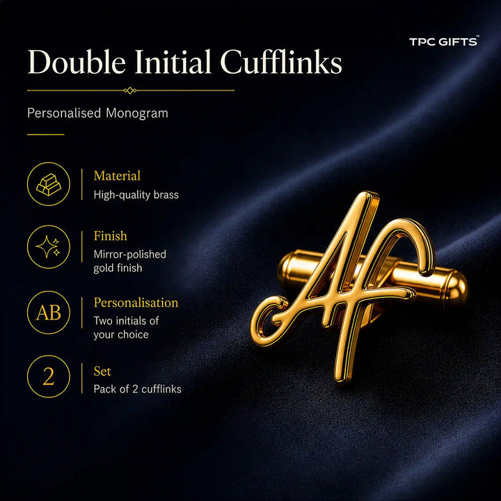 Two polished gold double initial cufflinks featuring personalized monogram initials &