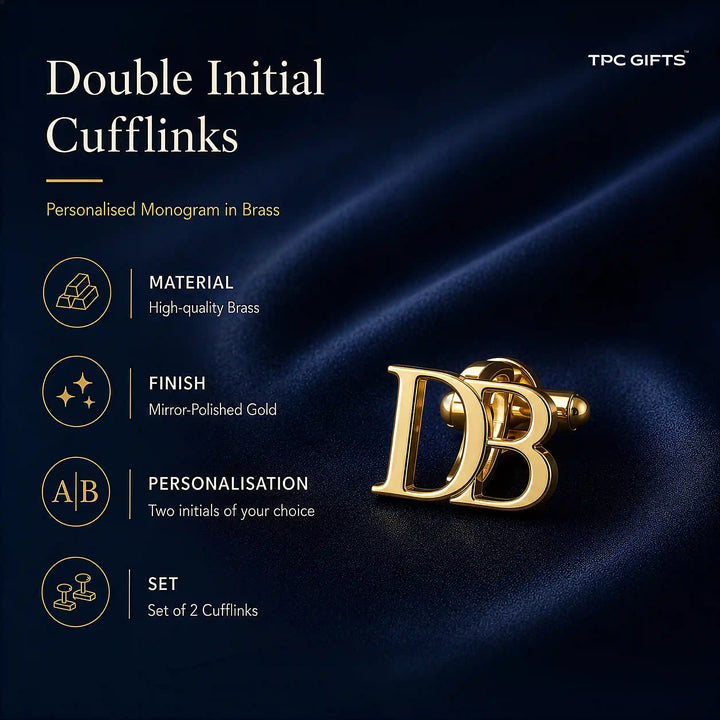 A pair of personalized monogram cufflinks featuring the initials &