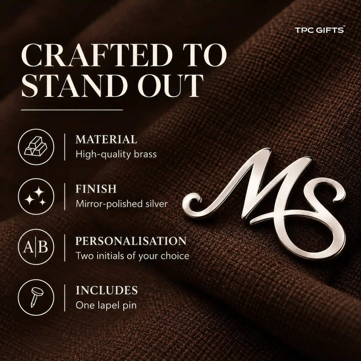 Personalised brass lapel pin with silver finish and two initial design details