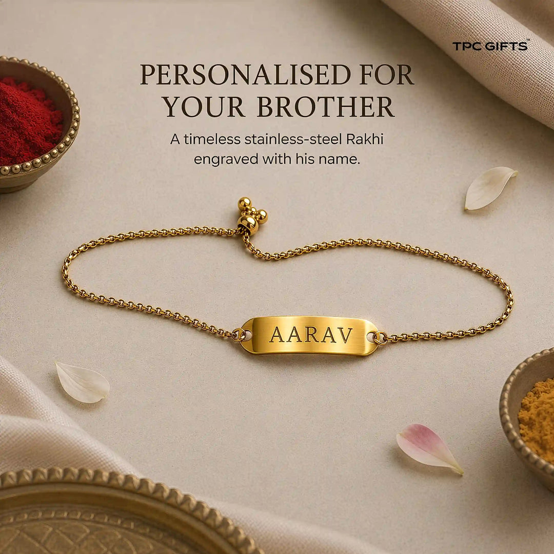Personalised Rakhi for Brother – Gold-Tone Name Bracelet | Engraved, Adjustable, Stainless Steel