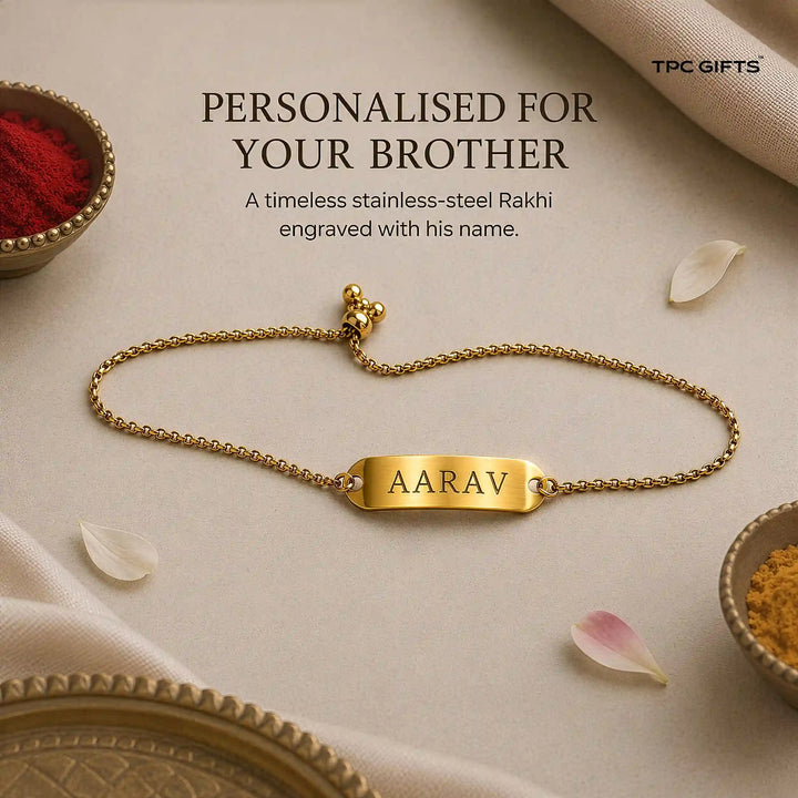 Personalised Rakhi for Brother – Gold-Tone Name Bracelet | Engraved, Adjustable, Stainless Steel