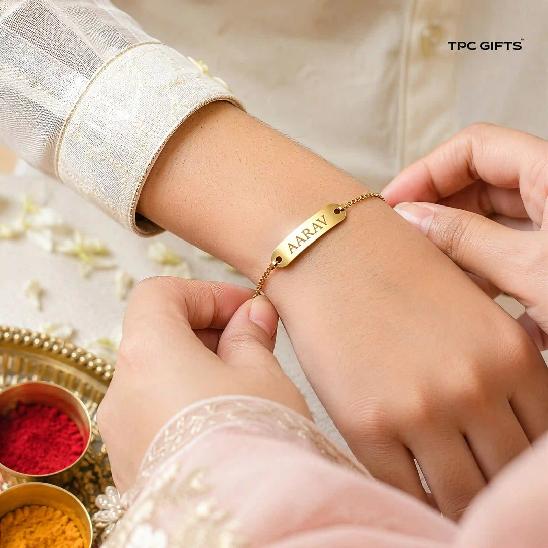Personalised Rakhi for Brother – Gold-Tone Name Bracelet | Engraved, Adjustable, Stainless Steel