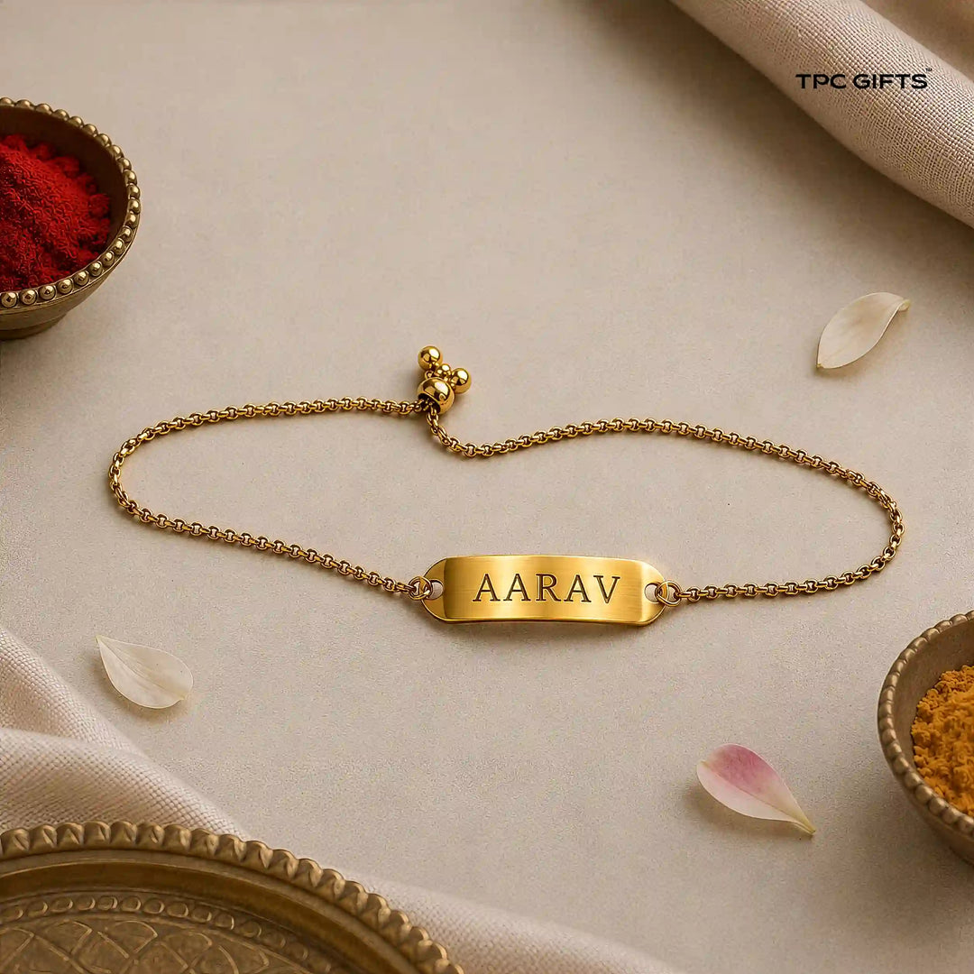 Personalised Rakhi for Brother – Gold-Tone Name Bracelet | Engraved, Adjustable, Stainless Steel