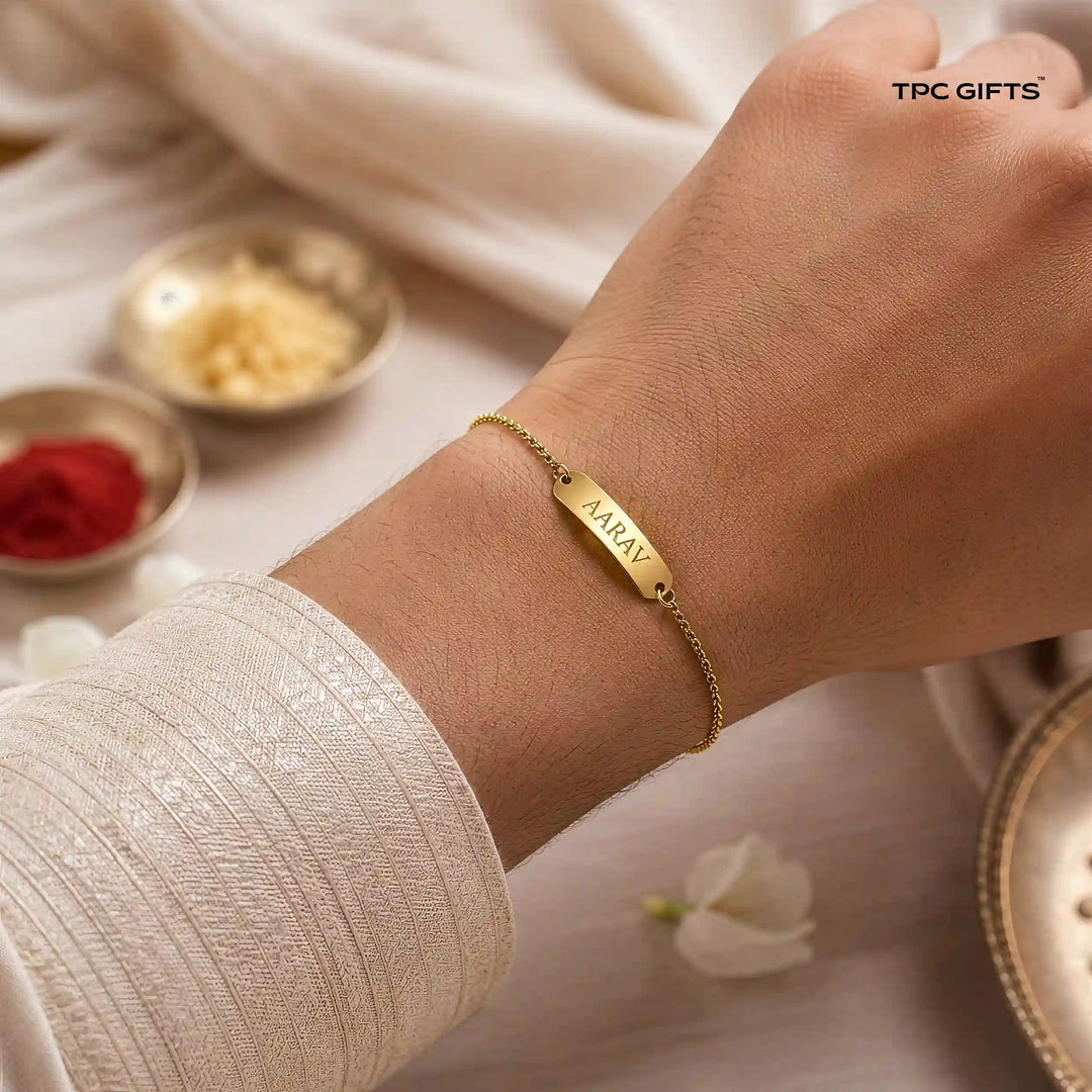 Personalised Rakhi for Brother – Gold-Tone Name Bracelet | Engraved, Adjustable, Stainless Steel