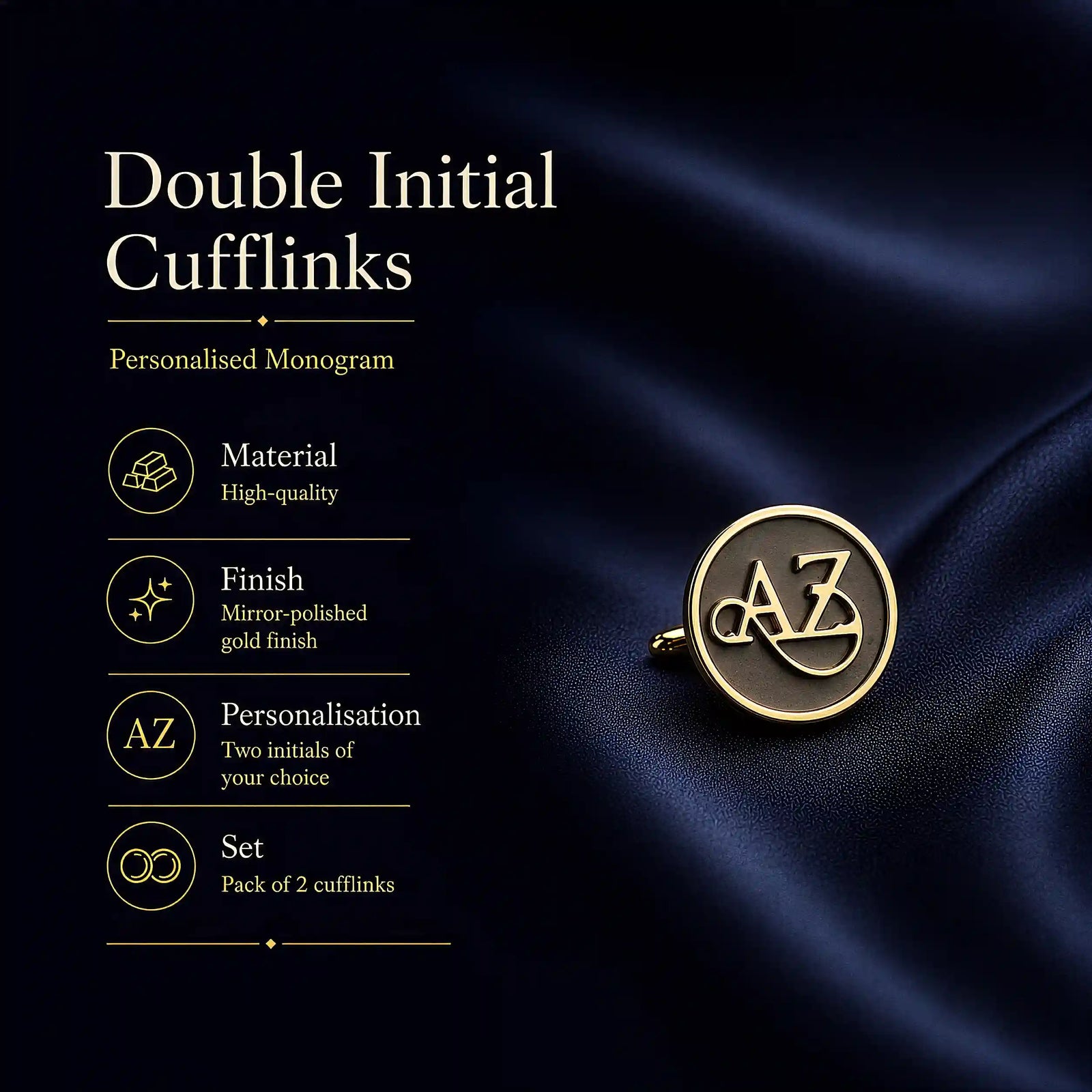 Two gold double initial cufflinks with personalized monogram lettering, displayed on a dark navy blue satin fabric background with product feature text on the left.