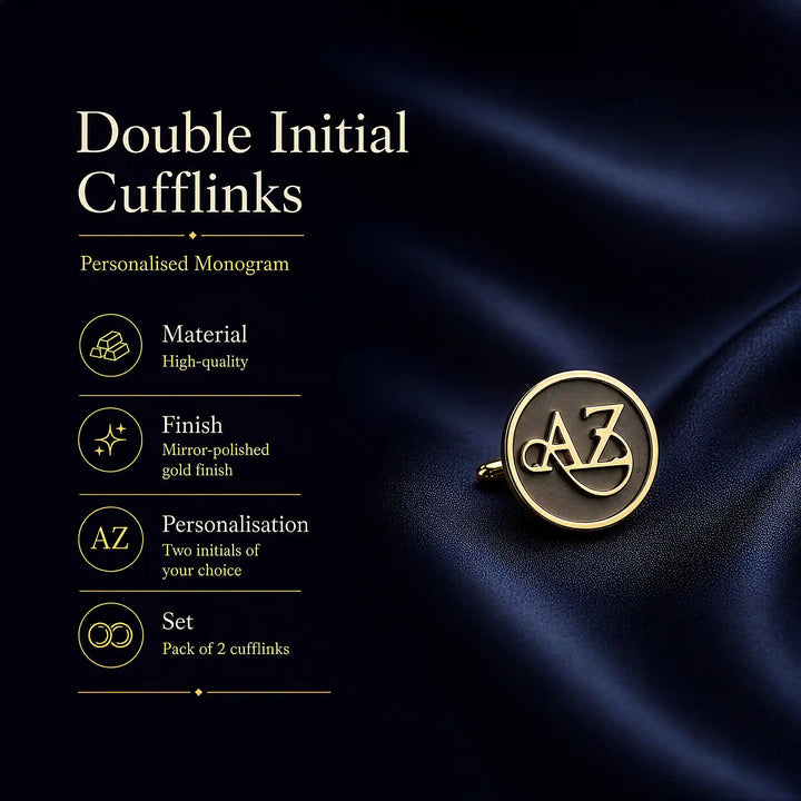 Two gold double initial cufflinks with personalized monogram lettering, displayed on a dark navy blue satin fabric background with product feature text on the left.
