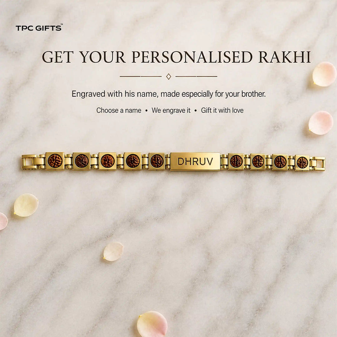 Personalised Rudraksha Rakhi for Brother – Gold-Tone Link Bracelet with Engraved Name