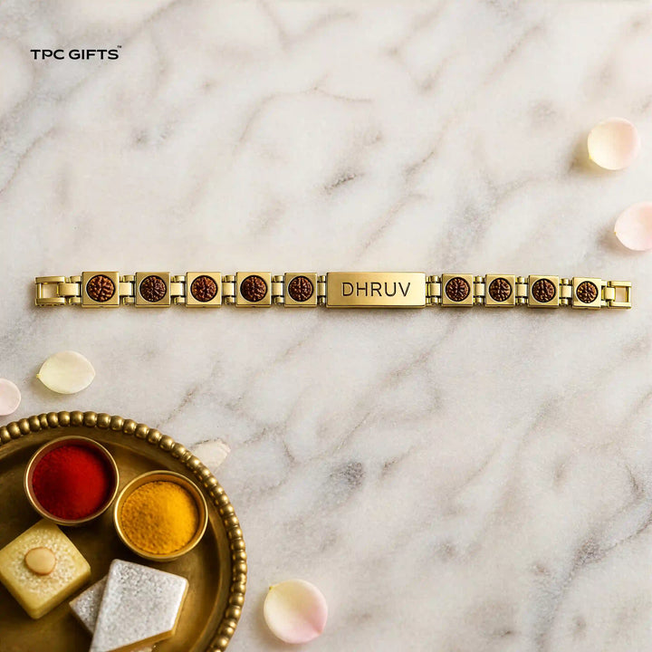 Personalised Rudraksha Rakhi for Brother – Gold-Tone Link Bracelet with Engraved Name