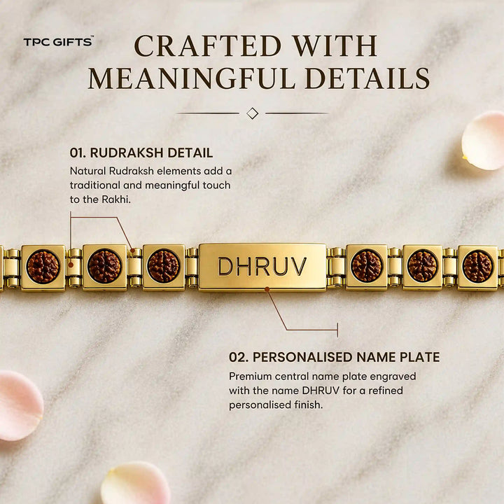 Personalised Rudraksha Rakhi for Brother – Gold-Tone Link Bracelet with Engraved Name