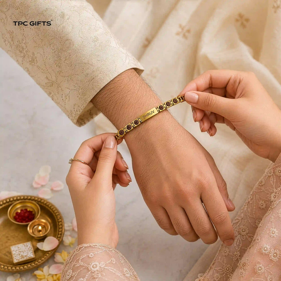 Personalised Rudraksha Rakhi for Brother – Gold-Tone Link Bracelet with Engraved Name