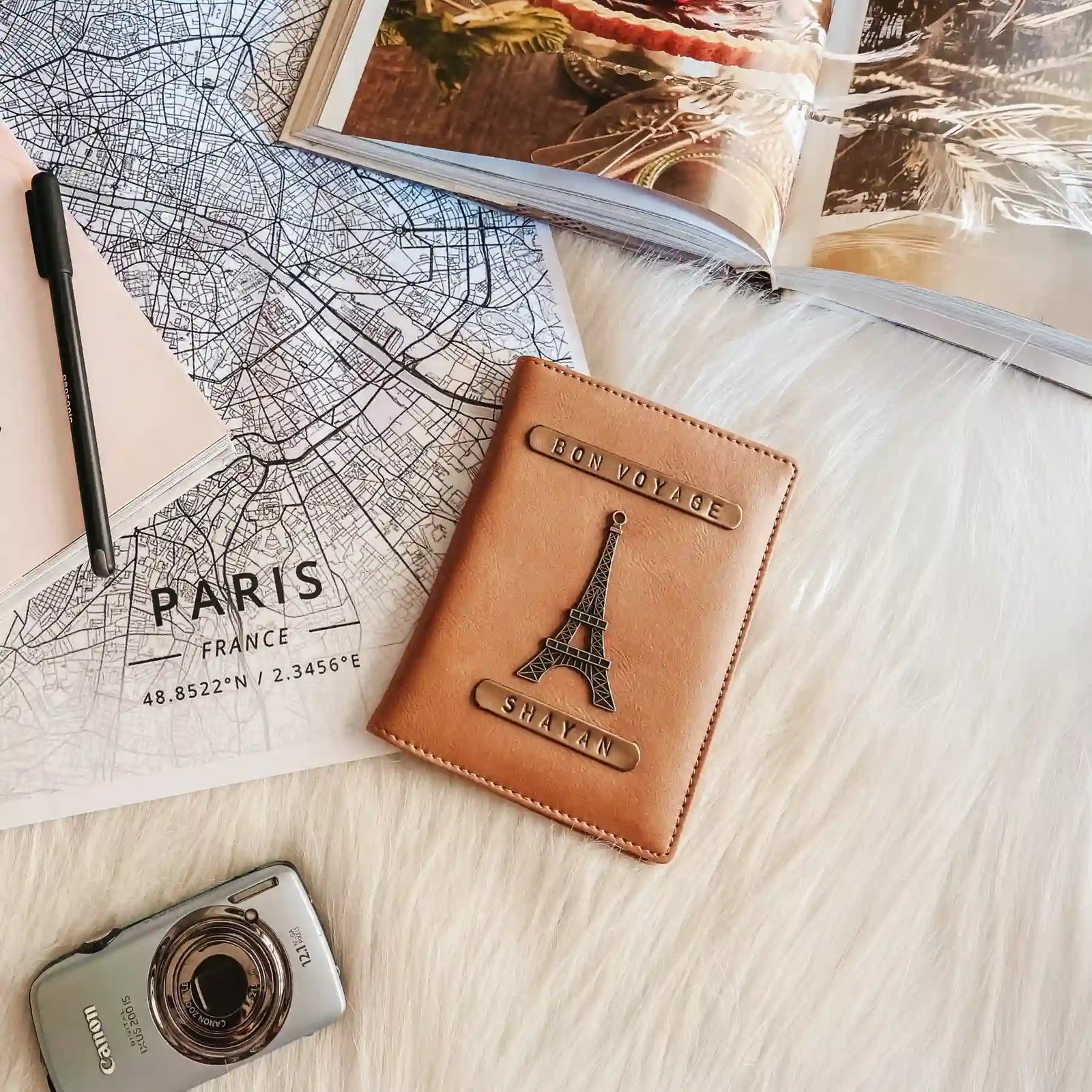 Personalised  Sandy Brown Passport Cover with Eiffel Tower design on a map of Paris - TPC Gifts