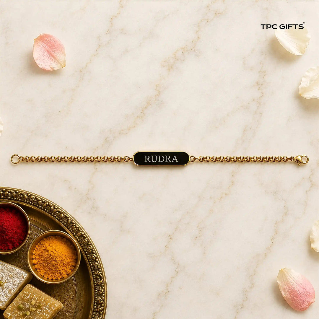 Personalised Rakhi for Brother – Slim Gold Chain Bracelet with Black Engraved Name Plate