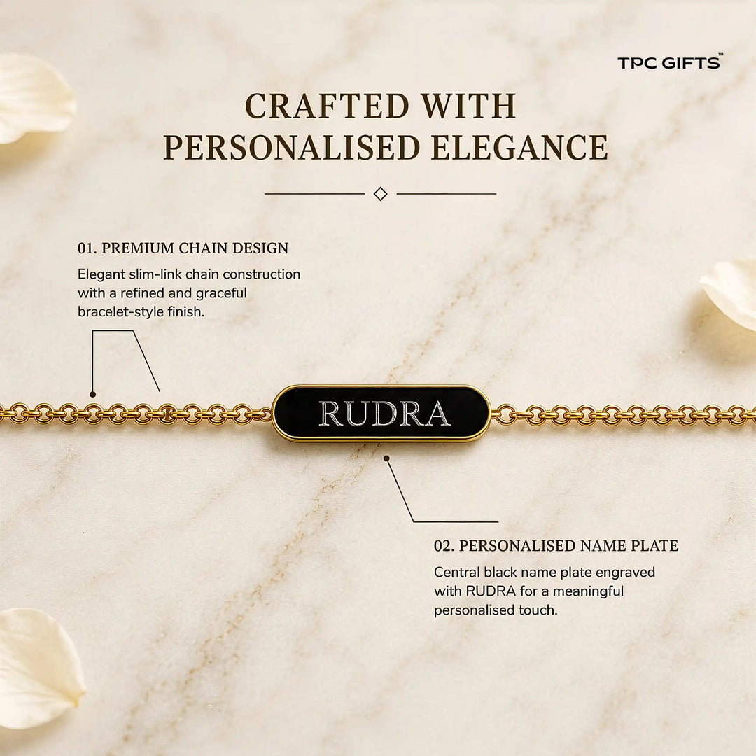 Personalised Rakhi for Brother – Slim Gold Chain Bracelet with Black Engraved Name Plate