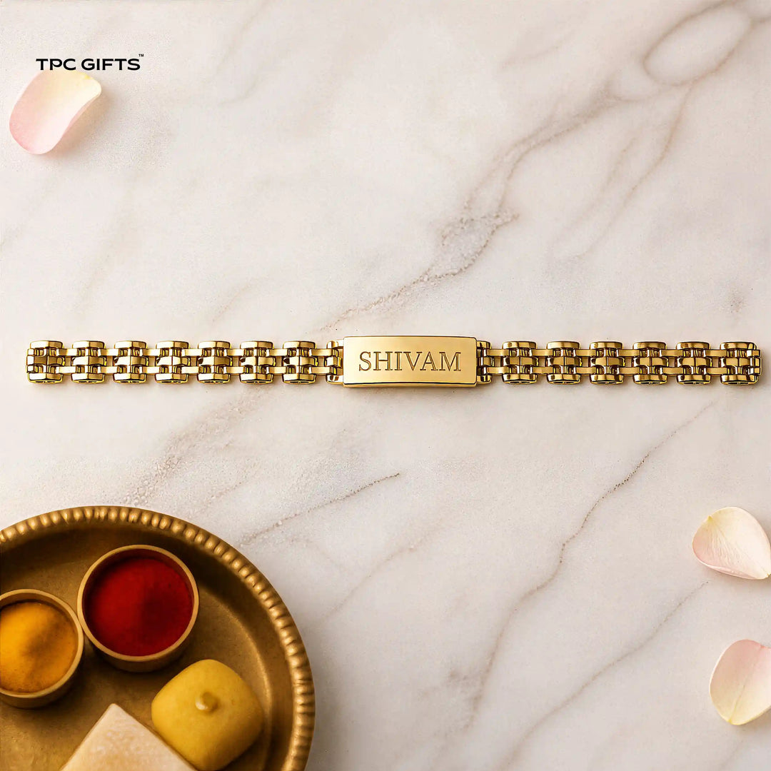 Personalised Rakhi for Brother – Gold-Tone Chain Bracelet with Engraved Name Plate