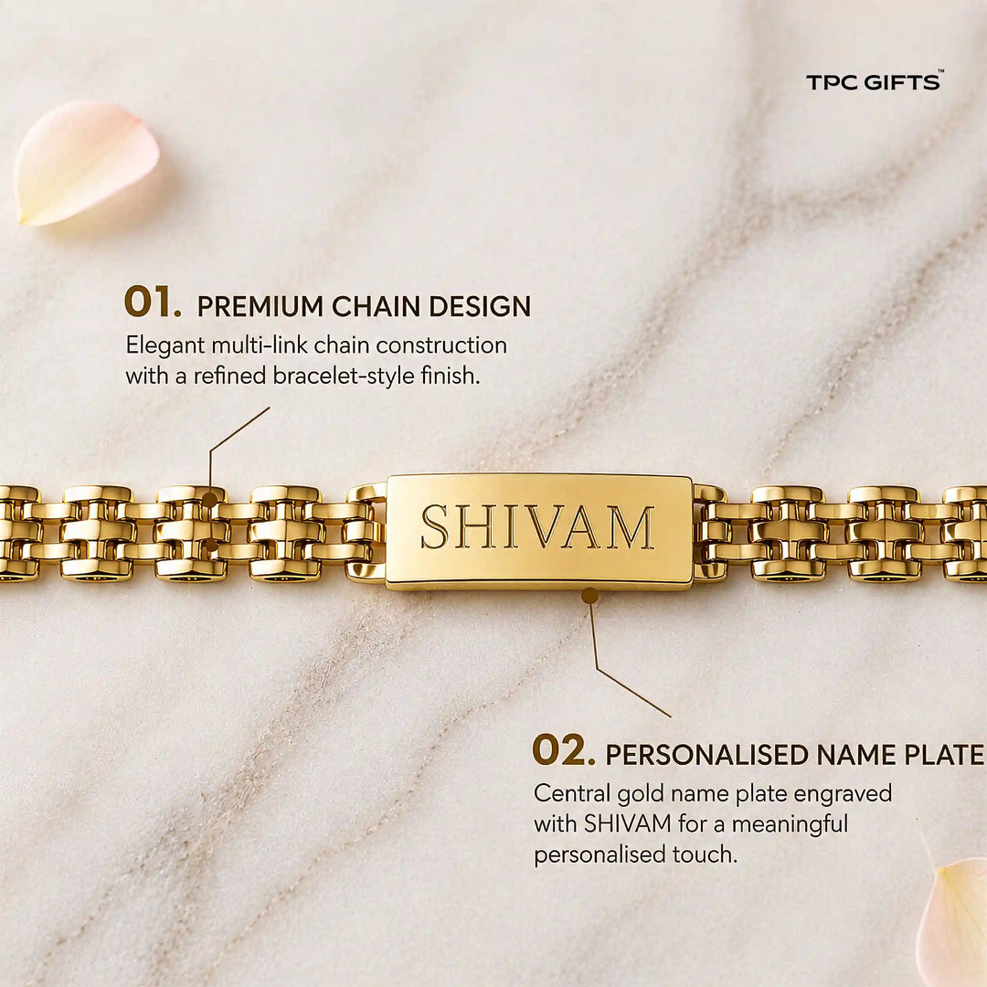 Personalised Rakhi for Brother – Gold-Tone Chain Bracelet with Engraved Name Plate