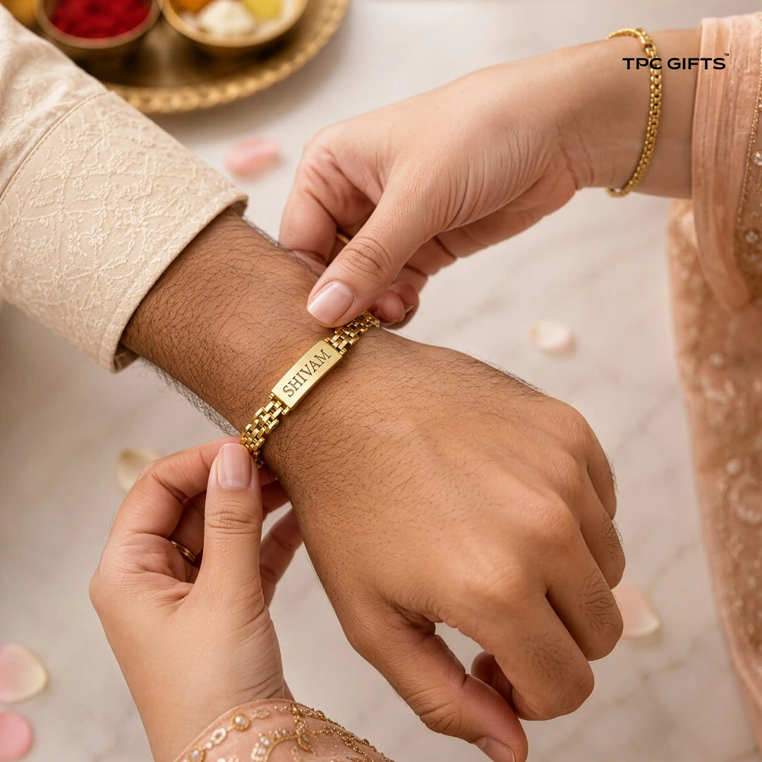 Personalised Rakhi for Brother – Gold-Tone Chain Bracelet with Engraved Name Plate