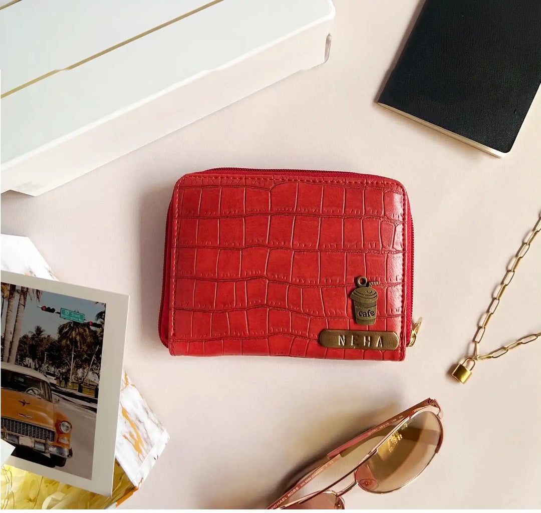 Red crocodile-patterned wallet with &