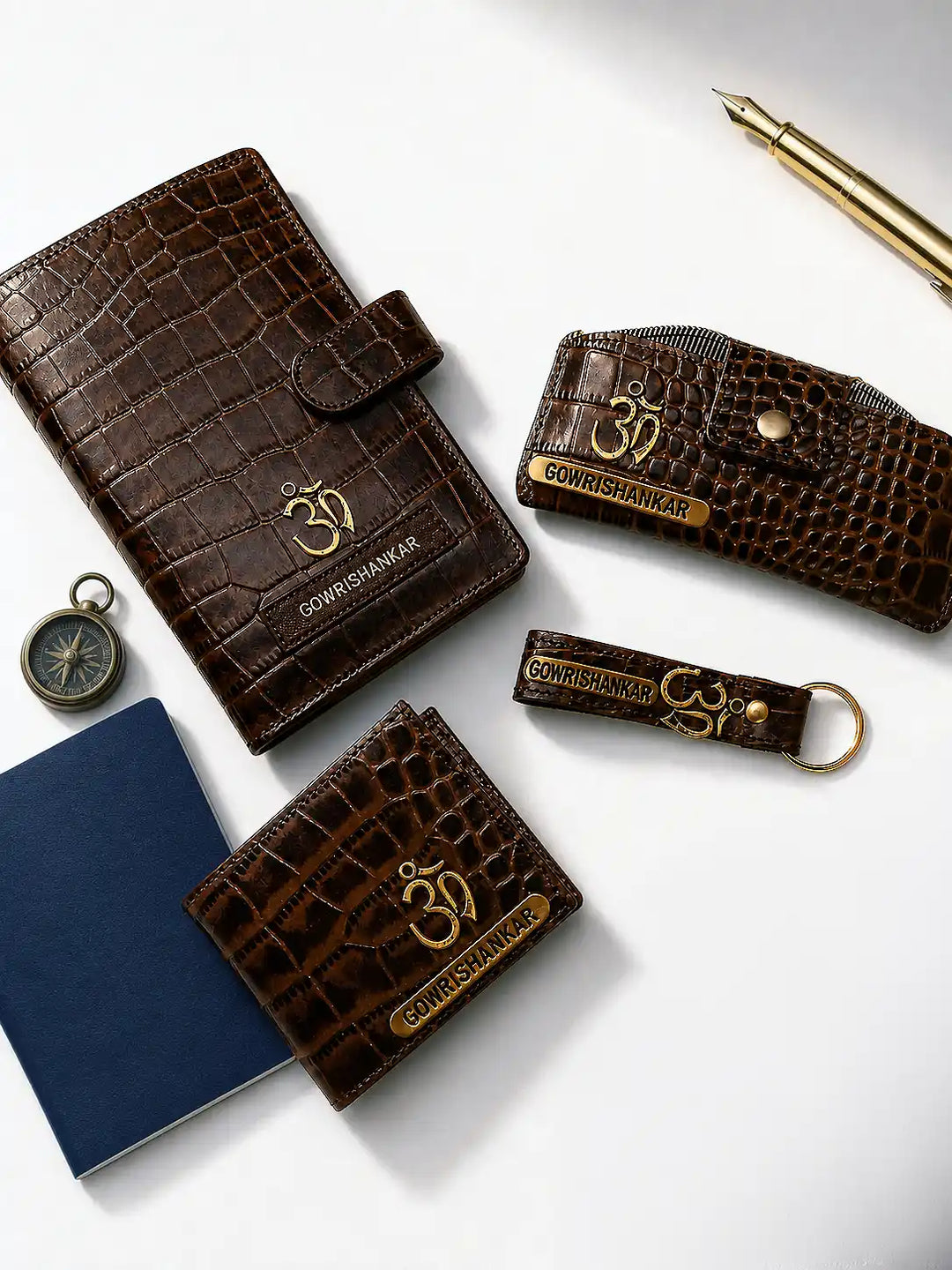 Personalised Croco Genuine Leather Travel Mate (Travel Organiser, Keychain, Sunglass Box &amp; Wallet)