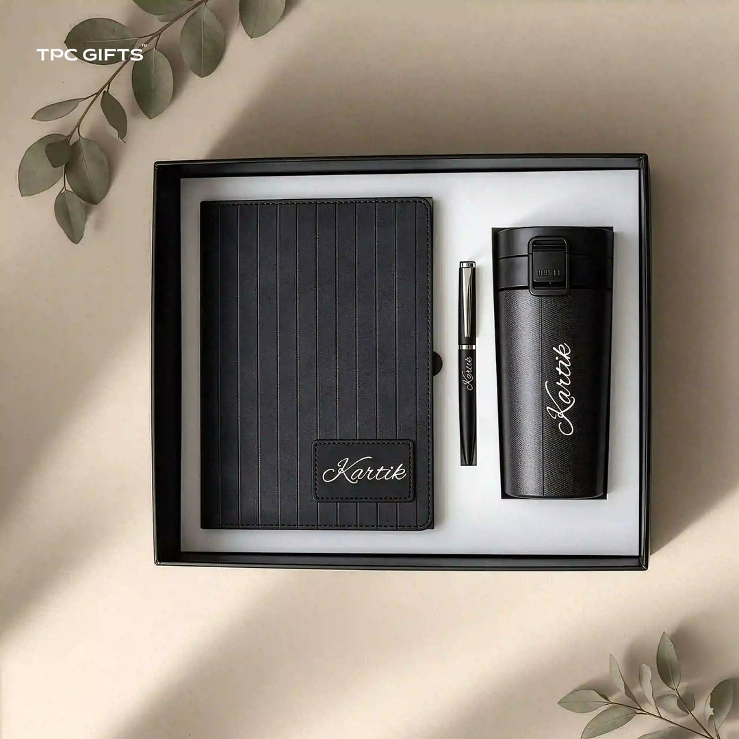 The Pinstripe Set – Personalised 3-in-1 Diary, Smart Tumbler &amp; Pen Gift Set