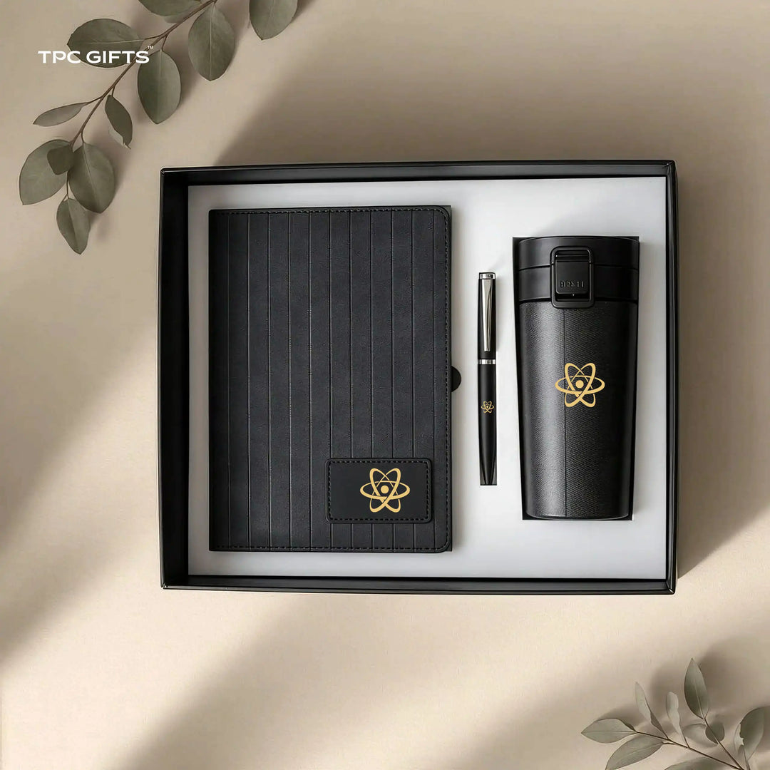 The Pinstripe Set – Personalised 3-in-1 Diary, Smart Tumbler &amp; Pen Gift Set