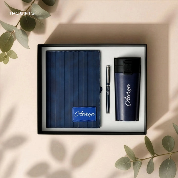 The Pinstripe Set – Personalised 3-in-1 Diary, Smart Tumbler &amp; Pen Gift Set