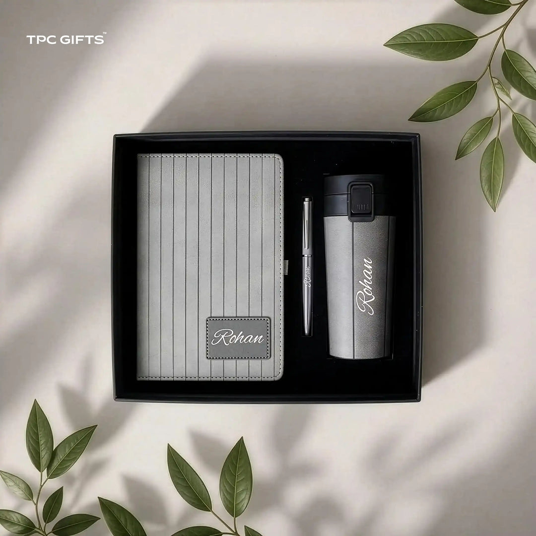 The Pinstripe Set – Personalised 3-in-1 Diary, Smart Tumbler &amp; Pen Gift Set