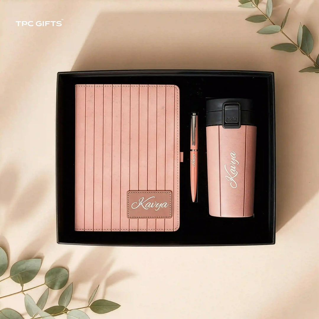 The Pinstripe Set – Personalised 3-in-1 Diary, Smart Tumbler &amp; Pen Gift Set