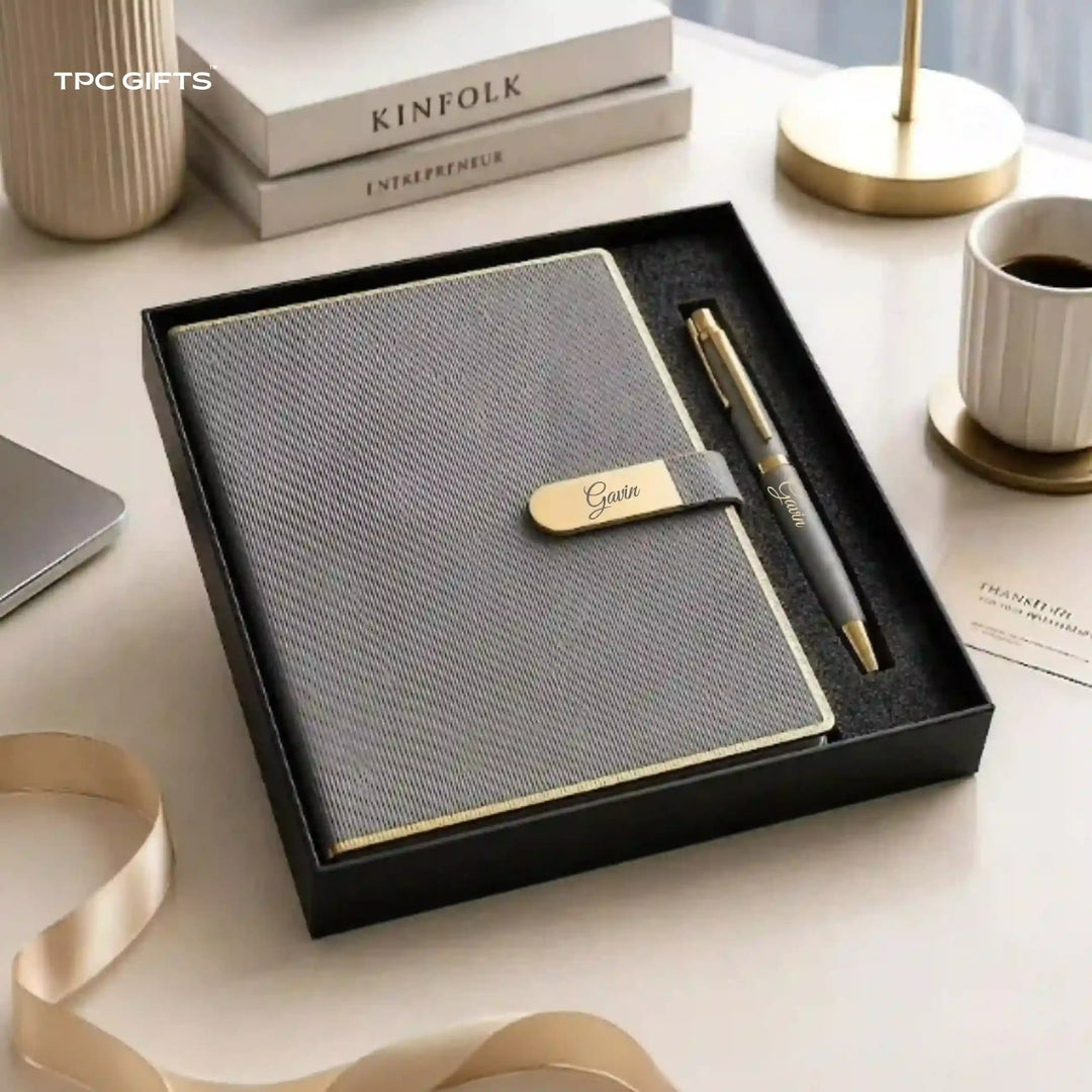 The Nameplate Set – Personalised Diary &amp; Pen Gift Set with Gold Name Plate