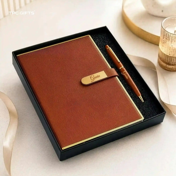 The Nameplate Set – Personalised Diary &amp; Pen Gift Set with Gold Name Plate