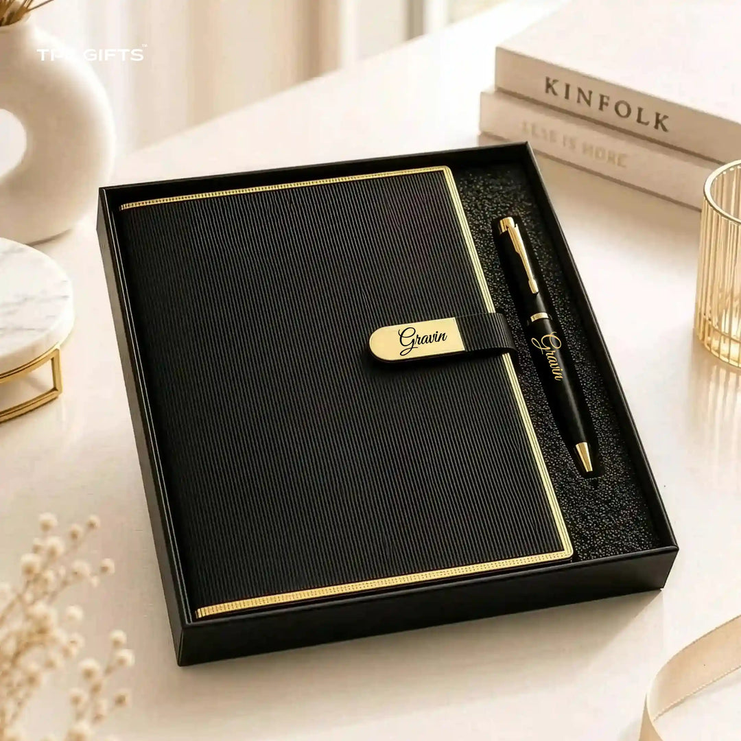 The Nameplate Set – Personalised Diary &amp; Pen Gift Set with Gold Name Plate