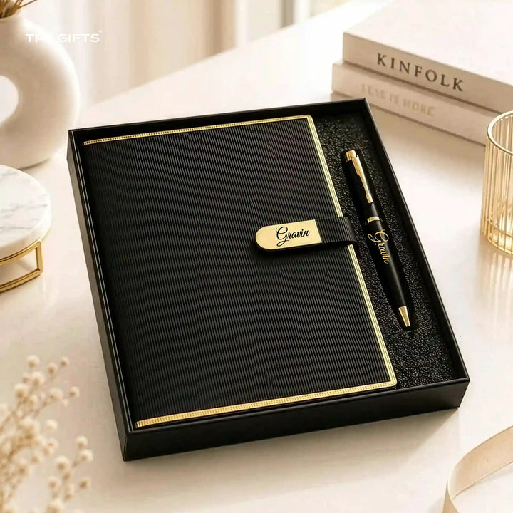 The Nameplate Set – Personalised Diary &amp; Pen Gift Set with Gold Name Plate