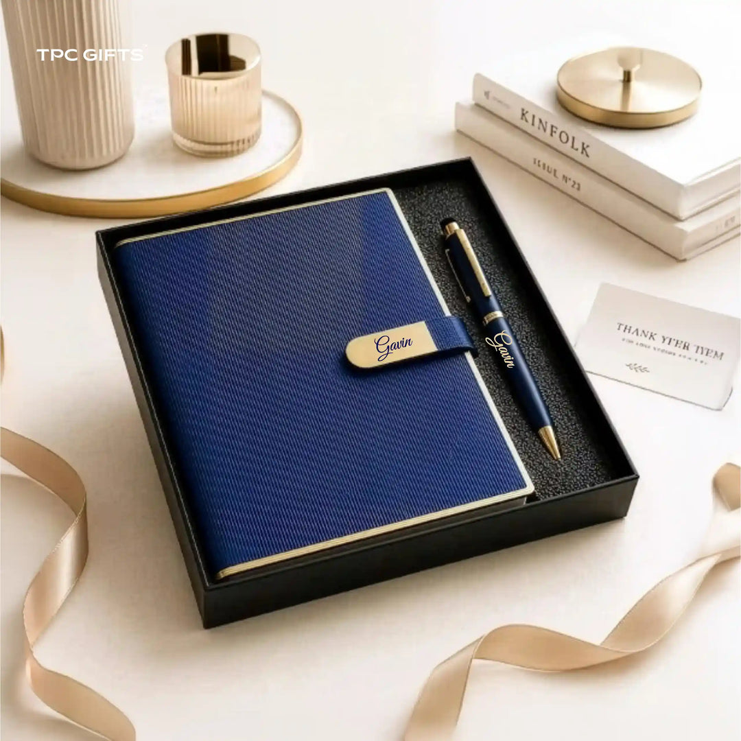 The Nameplate Set – Personalised Diary &amp; Pen Gift Set with Gold Name Plate